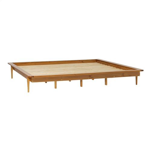 Mid Century Modern Caramel Solid Wood Platform Bed Frame with Headboard and Footboard, King Size - WoodArtSupply