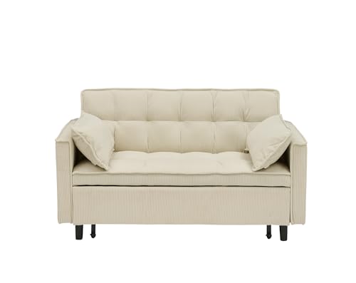 PBOGHLRD Modern Corduroy Loveseat Futon Sofa Couch with Pullout Bed, Small Lounge Sofa with Reclining Backrest, Folding Sleeper Sofa Bed for Living Room, Bedroom, Office, Apartment (Beige) PBOGHLRD