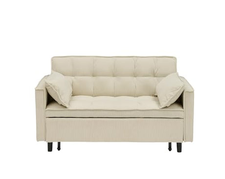 PBOGHLRD Modern Corduroy Loveseat Futon Sofa Couch with Pullout Bed, Small Lounge Sofa with Reclining Backrest, Folding Sleeper Sofa Bed for Living Room, Bedroom, Office, Apartment (Beige) PBOGHLRD