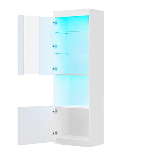 Ball & Cast High Gloss Storage Cabinet with LED Lights,67" Tall Pantry Cabinet W/Acrylic Door,Modern Bookcase & Display Cabinet W/Open Countertop & Tempered Glass Shelves for Living Room,White Ball & Cast