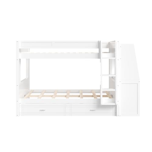 CKLMMC Full Size Multifunctional Bunk Bed with Desk and Bookshelves, Trundle, Space-Saving Wooden Bunk Bed for Kids & Teens (White/T) CKLMMC