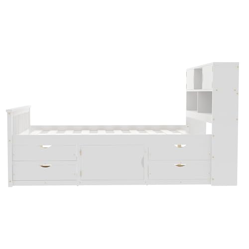 Merax Full Size Modern Captain Platform Bed Frame with Storage Shelves, 4 Drawers & Bookcase Headboard, White Merax