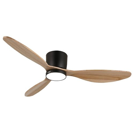 reiga 52" Natural Wood Ceiling Fan with Light and Remote, 3 Blade Flush Mount Low Profile Ceiling Fan for Bedrooom Living Room, Quiet DC Motor reiga