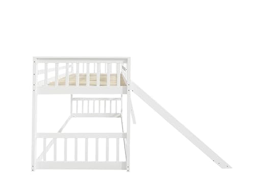 DNYN Twin Over Twin Bunk Bed with Slide for Kids Bedroom,Solid Wood Floor Bunkbeds for Boys and Girls,Easy Assembly & No Box Spring Needed & Space Saving Design, White DNYN