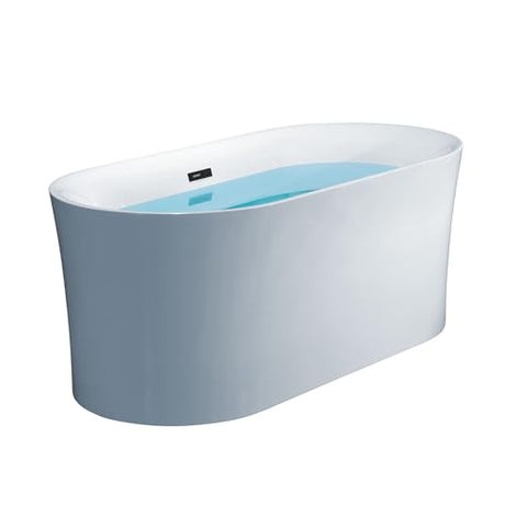 WOODBRIDGE 59" Acrylic Freestanding Bathtub Contemporary Soaking Tub with Matte Black Overflow and Drain, White Tub WOODBRIDGE
