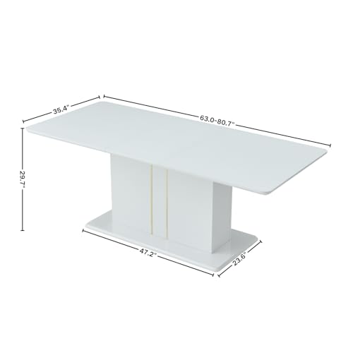 Homy Casa White High Gloss Extendable Dining Table with Black PU Chairs for 6-8 Persons, 63-80.7" Contemporary Wooden Table Set for Dining Room, Conference Room, Reception Area, White (Table) Homy Casa