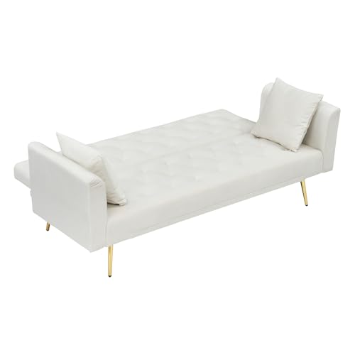 71" Modern Velvet Sofa Bed Futon, Convertible Sleeper Couch with Adjustable Backrest, Tufted Recliner Loveseat with Golden Chrome Legs & 2 Pillows for Small Spaces, Living Room, Apartment (Beige) Generic
