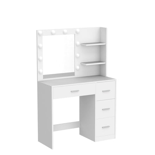 Rovaurx Makeup Vanity Table with Lighted Mirror, Makeup Vanity Desk with Storage Shelf and 4 Drawers, Bedroom Dressing Table, 10 LED Lights, White RSZT104W - WoodArtSupply