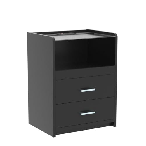 VIAGDO Nightstand with Charging Station and LED Lights, Black Night Stand with Glass Top and Storage Drawers, End Side Tables with Pull-Out Tray and USB Ports, Modern Bedside Tables for Bedro - WoodArtSupply