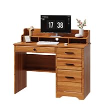 4 EVER WINNER Computer Desk with Drawers, 44 Inch Home Office Desk with Monitor Stand, Farmhouse Study Desk with Storage, Wood Desk with Drawers, Brown