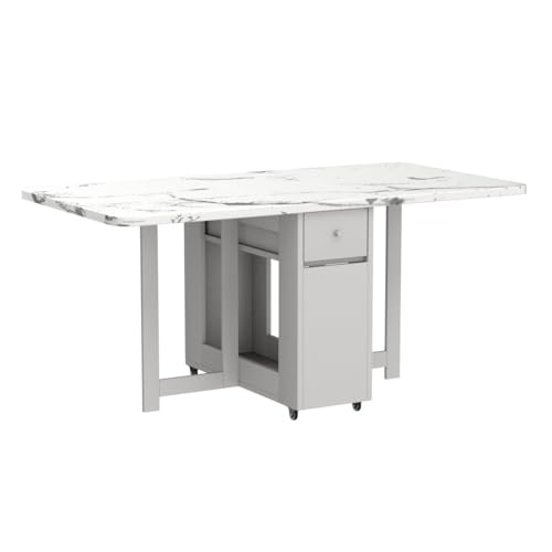 FUNROLUX Folding Dining Table with Rack and 2 Storage Drawers, Movable Extendable Space Saving Kitchen Table in 3 Forms (White) - WoodArtSupply