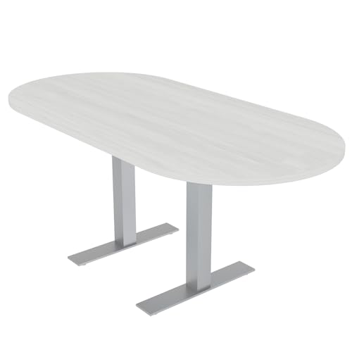 6 Person Conference Table | Brushed Silver Metal T Base | Scratch-Resistant | Harmony Series | Racetrack-Shaped Meeting Tables for Offices, Training Rooms, and Homes | White Cypress - 6x3 SKUTCHI DESIGNS INC.