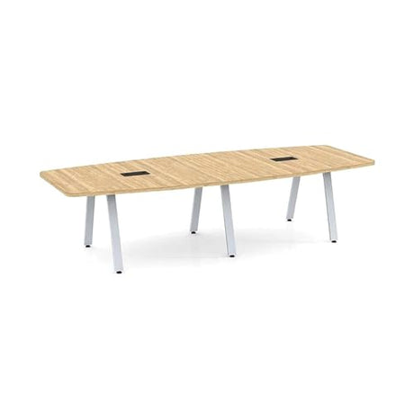 Modern 10ft Conference Table Boat Shaped Laminate Maple Finishes Wood 1.5" Thickness Tabletop with Gray Metal V Legs Sleek Colors Desk Grommets Meetings Boardroom Offices 118" L x 47-32" W x 29" H WoodArtSupply