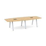 Modern 10ft Conference Table Boat Shaped Laminate Maple Finishes Wood 1.5" Thickness Tabletop with Gray Metal V Legs Sleek Colors Desk Grommets Meetings Boardroom Offices 118" L x 47-32" W x 29" H WoodArtSupply