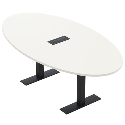 6 Person Oval Shaped Conference Table with Power & Data | Scratch-Resistant Laminate & Sturdy Metal T Bases | Meeting Tables for Offices, Training Rooms, and Homes | White - 4'X7' SKUTCHI DESIGNS INC.