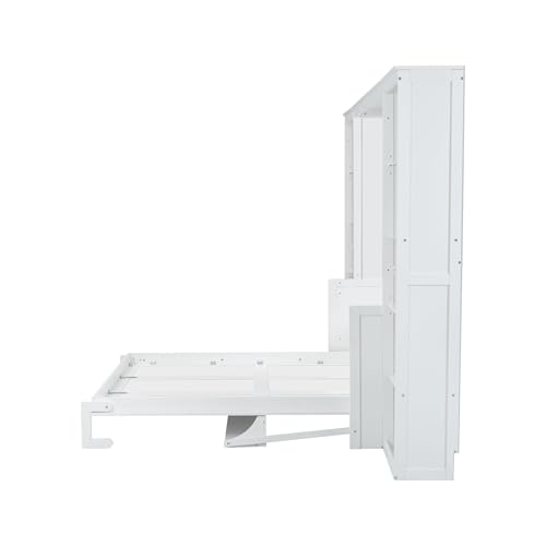SOFTSEA Queen Size Murphy Bed with Desk, Space Saving Foldable Wall Bed Frame with Storage Shelves, Hideaway Wall Murphy Bed Cabinet for Small Room, Guest Room, White SOFTSEA