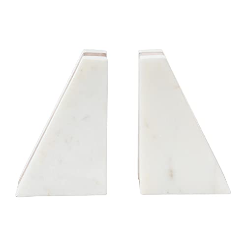 Main + Mesa Marble Geometric Bookends with Wood Inlay, White