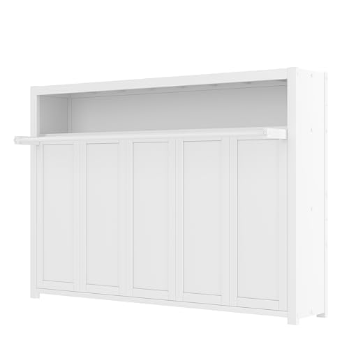 SOFTSEA Twin Size Metal Murphy Bed with Storage Shelves & Hanging Rod, Twin Horizontal Wall Bed Cabinet, Space-Saving Hideaway Folding Bed Frame for Guest Room, White SOFTSEA