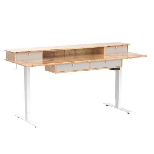 FEZIBO Sturdy Height Adjustable Electric Standing Desk with Drawers, 63 x 24 Inch Stand Up Table with Large Storage Shelf, Sit Stand Desk, Light Rustic Brown Top - WoodArtSupply