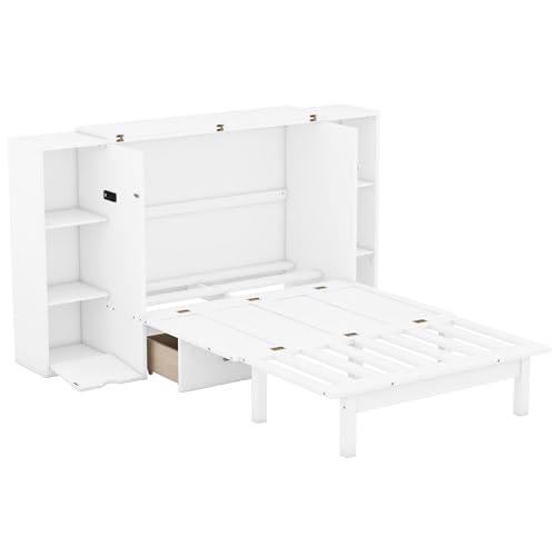 Queen Murphy Bed Wall Bed with Storage and Bookcase Headboard, Solid Wood Murphy Cabinets Bed with Shelves, Drawers and USB Ports, Multi-Function Platform Bed for Home Office, Guest Room - White Harper & Bright Designs