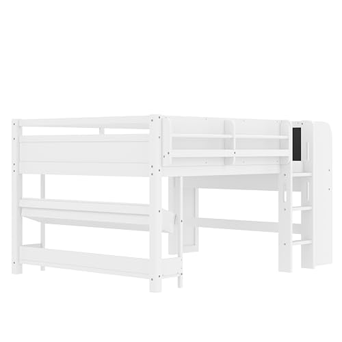 SOFTSEA Full Size Low Loft Bed with Desk & Storage, Solid Wood Full Loft Bed with Bookshelves, Storage Drawers, Boxes & Blackboard for Kids Juniors Boys Girls, White SOFTSEA