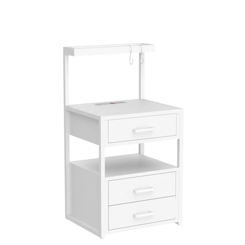 Nightstand with Charging Station and LED Lights, LED Night Stand with 2 USB Ports and 2 AC Outlets, Modern End Table with 3 Drawers, Bedside Table with Open Storage for Bedroom, White - WoodArtSupply