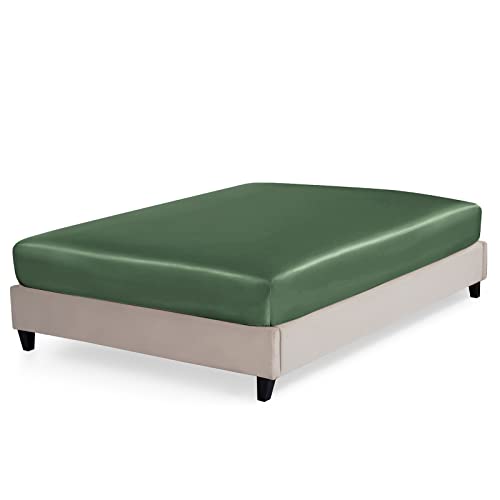Pothuiny Satin Fitted Sheet - Ultra Soft Deep Pocket, Woodland Green, Single Mattress Cover (12" to 16") P Pothuiny