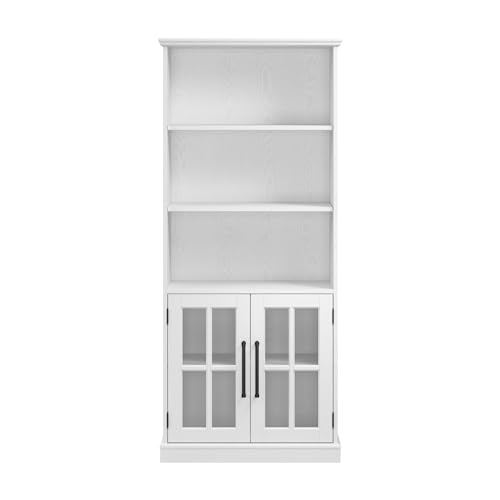 Bush Business Furniture Westbrook 5 Shelf Tall Bookcase with Glass Doors in White Ash - WoodArtSupply