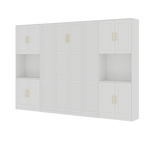 Bobve Farmhouse Murphy Bed Queen, 85" Wall Bed Folds to Save Space, Concealed Bed Frame with 2 Storage Cabinets and Wall Mounted Features for Apartment/Office/Guest Room Bobve