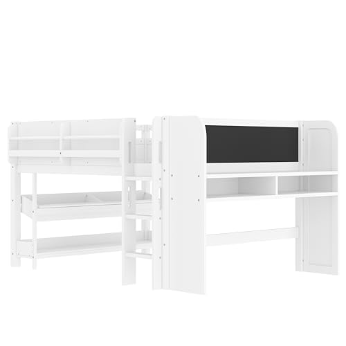 SOFTSEA Full Size Low Loft Bed with Desk & Storage, Solid Wood Full Loft Bed with Bookshelves, Storage Drawers, Boxes & Blackboard for Kids Juniors Boys Girls, White SOFTSEA