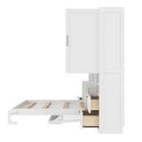 Merax Full Size Murphy Bed with Desk, Multifunctional Foldable Wall Bed with Closet, Drawers and Shelves, Space-Saving Wood Platform Bed Frame for Small Spaces Studio Study Office Guest Room, White Merax
