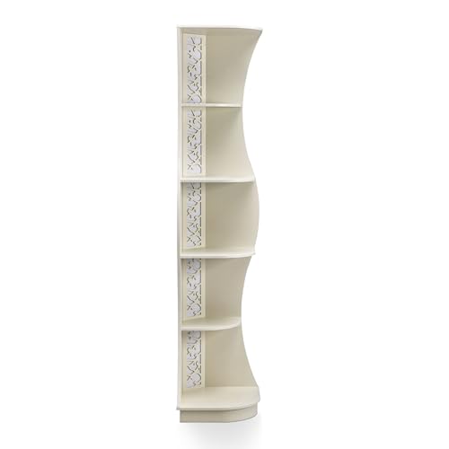 HOMES: Inside + Out Connelly Modern 5 Shelf LED Bookcase, Unique Thin Wood Bookshelf with Storage and Remote, Office Shelving ,Tall Book Shelf for Bedroom, Living Room and Small Spaces, Cream Weave Furniture of America