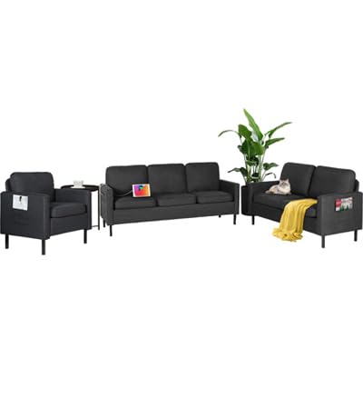 STHOUYN 3 Piece Living Room Furniture Sets, 3 Seat Couch and Loveseat with 2 USB, Single Sofa Accent Chair, Modern Small Couches for Small Spaces, Bedroom, Apartment (Dark Grey) STHOUYN