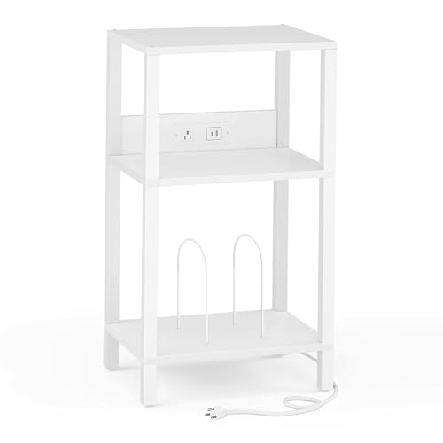 TUTOTAK Record Player Stand with Storage Up to 100 Albums，Record Storage Table,3 Tier End Table with Charging Station,Side Table for Living Room, Bedroom, White TB01BW076 TUTOTAK