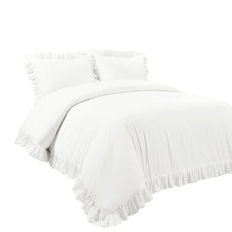 Lush Decor Reyna Ruffle Cotton Duvet Cover Set 3 Piece Set King, Pure White - King Size Bedding Set - White Duvet King- Ruffled Bedding - Coquette Decor Lush Decor
