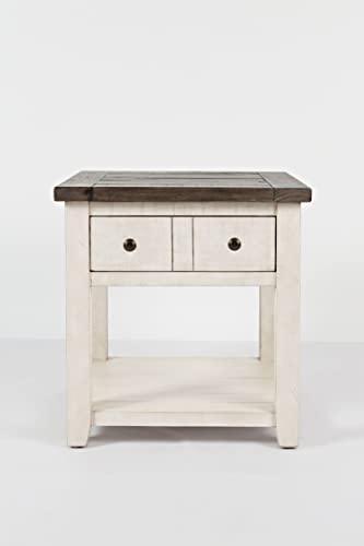 Jofran Madison County Reclaimed Solid Wood Rustic Farmhouse End Table with Drawer and Shelf, Vintage White - WoodArtSupply