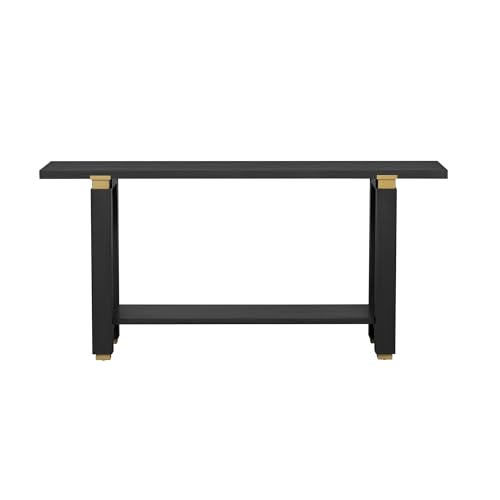 63" Modern Minimalist Console Table with Open Bottom Storage Shelf, Versatile Buffet Sideboard, Solid Wood Sofa Side Table with Metal Accents for Entryway, Hallway and Living Room (Black-05) HZSMHDZKJ