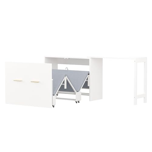 Ball & Cast Murphy Bed Twin Size Hideaway Bed with Adjustable Position Desk,Wall Chest Dresser Murphy Bed w/Foldable Cushion,can be Folded,Slat Support,No Box Spring Needed,for Apartment,White Ball & Cast