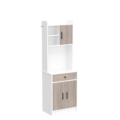 Giantex Pantry Organization and Storage, Tall Buffet Hutch Cabinet with Drawer Cabinet Shelf, High Cupboard Sideboard, Stationary Microwave Stand, Wood Countertop (White & Natural) - WoodArtSupply