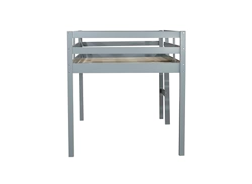 PVWIIK Twin Low Loft Bed with with Guardrail and Ladder for Girls,Boys - Rubberwood Frame,Grey PVWIIK