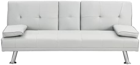 Pu Leather Convertible Futon Sofa Bed,Modern Couch Loveseat Sleeper, 3 in 1 Comfy Folding Recliner Couches Bed for Small Spaces Living Room, Adjustable Backrest, 2 Cupholders for Office (White) Xinmviec