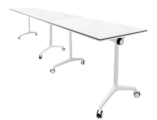 Conference Table 10.5FT Folding Office Computer Desk for Meeting Room, Conference Room Table for 8 People, Study Writing Podcast Tables White Training Tables with Wheels, 2PCS, 126"x23.6"x29.5" Bisonful
