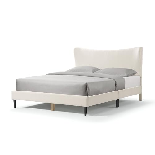 Vivienne Contemporary Boucle Fabric Queen Size Platform Bed Frame with Adjustable Curved Headboard and Solid Wood Legs - White - WoodArtSupply