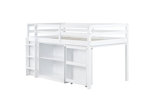 Low Loft Bed with Storage & Rolling Out Desk, Kids Twin Size Loft Beds with Bookcase & Drawers, Rubber Wood Junior Lofts Bed with Dresser/Shelves/Ladder/Guardrails for Boys Girls Teens, White Duxelifin
