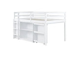 Low Loft Bed with Storage & Rolling Out Desk, Kids Twin Size Loft Beds with Bookcase & Drawers, Rubber Wood Junior Lofts Bed with Dresser/Shelves/Ladder/Guardrails for Boys Girls Teens, White Duxelifin