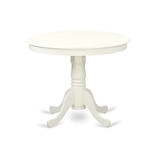 East West Furniture ANVA5-LWH-W 5 Piece Kitchen Table Set for 4 Includes a Round Dining Room Table with Pedestal and 4 Solid Wood Seat Chairs, 36x36 Inch, Linen White East West Furniture