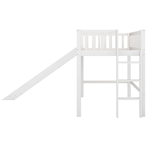 Twin Size Low Loft Bed with Removable Slide and Safety Rails by RORIGAT – Solid Pine Wood Frame, Space-Saving Design in White - WoodArtSupply