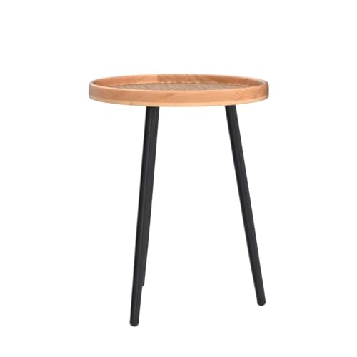 LITA Rattan Log Desktop Round Side End Table, Nightstand/Small Tables, Indoor Outdoor Wooden Tray Table with Metal Stand End Table for Living Room Bedroom Office Small Spaces LITA