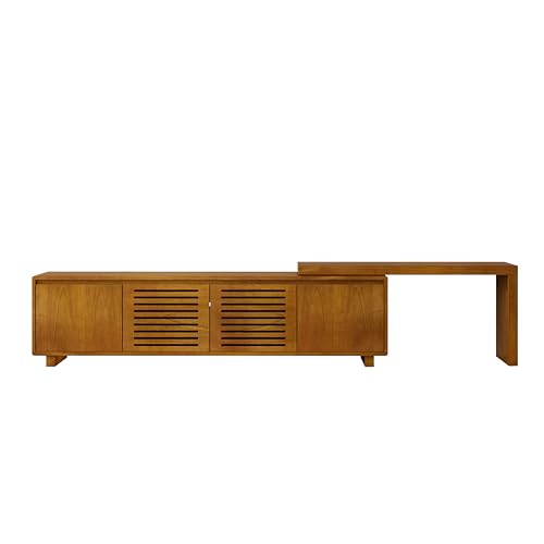LUMISOL Extendable TV Stand for Living Room, Media Extendable Console TV Table for TVs up to 75” Farmhouse Entertainment Cabinet with Doors and Adjustable Shelves, Brown Ebony LUMISOL