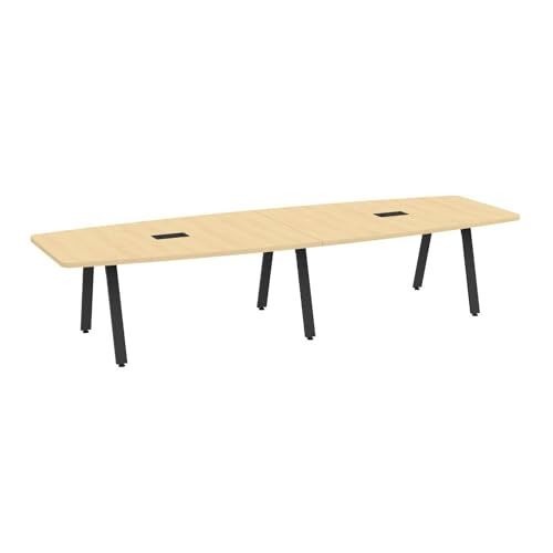 Modern 10 ft Executive Conference Table Wood Boat Shaped Laminated Natural Aspen Finish Metal V Legs Sleek Grommets Racetrack Ports Desk Black 2 Power Data Modules Meeting Boardroom Office Bu - WoodArtSupply